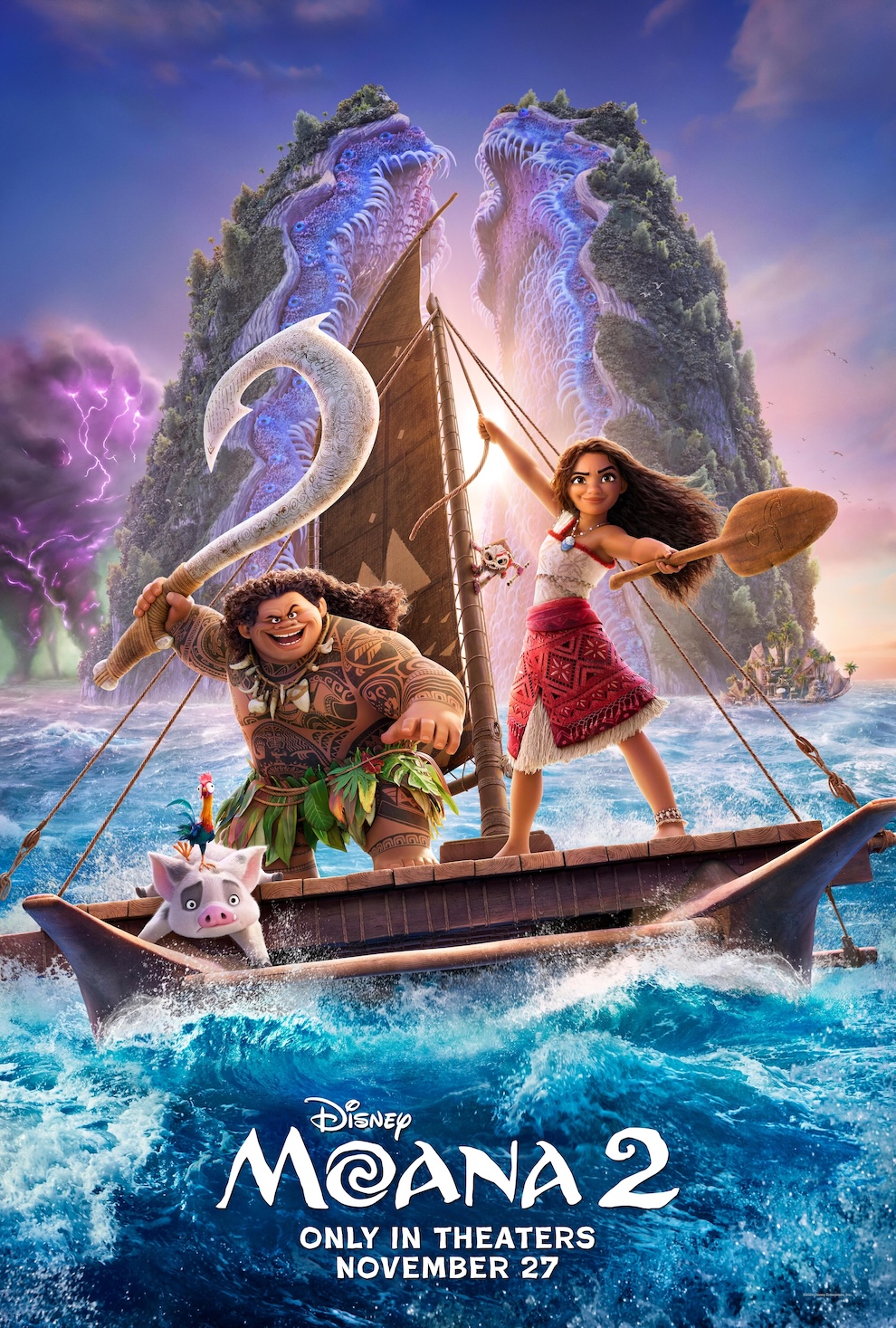 Moana 2 poster with Moana and Maui on the canoe