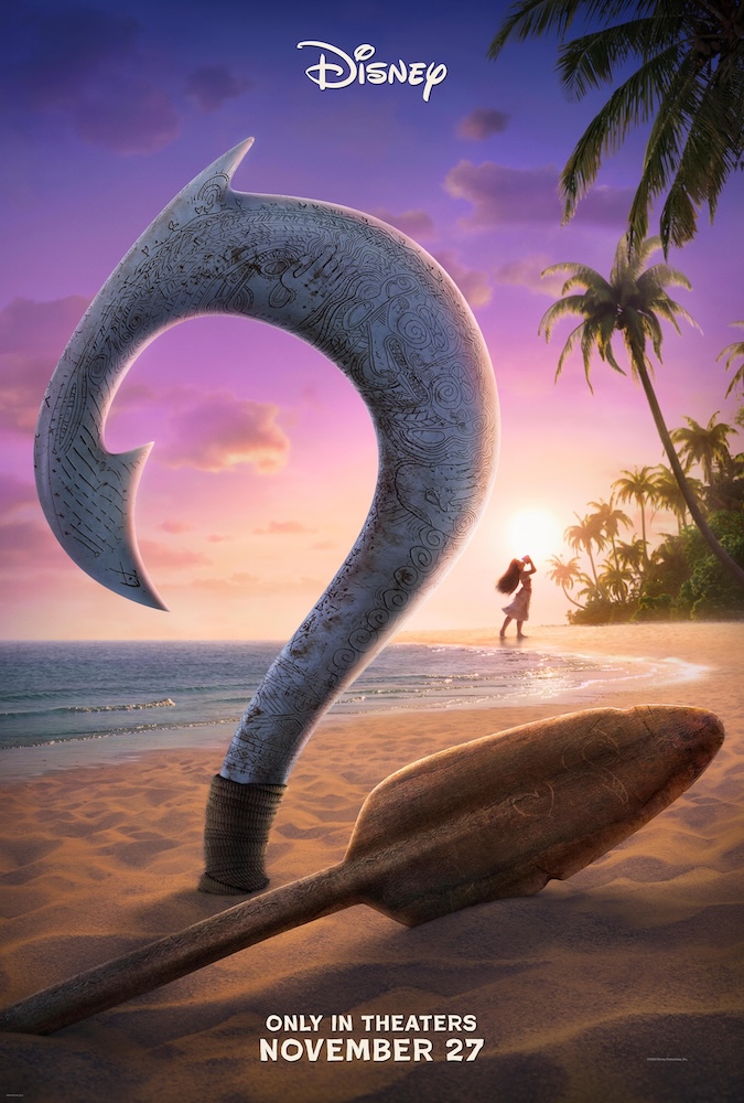 Moana 2 poster with Maui's hook and Moana's oar in the shape of a 2