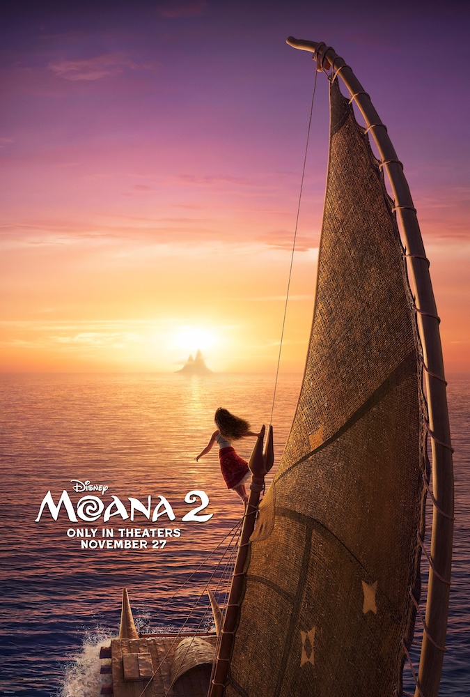 Moana 2 poster with Moana swinging from the sail of her canoe